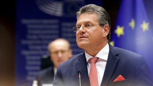 FILE PHOTO: European Commission Vice President Maros Sefcovic speaks during the debate on EU-UK trade and cooperation agreement during the second day of a plenary session at the European Parliament in Brussels, Belgium April 27, 2021. Olivier Hoslet/Pool via REUTERS/File Photo