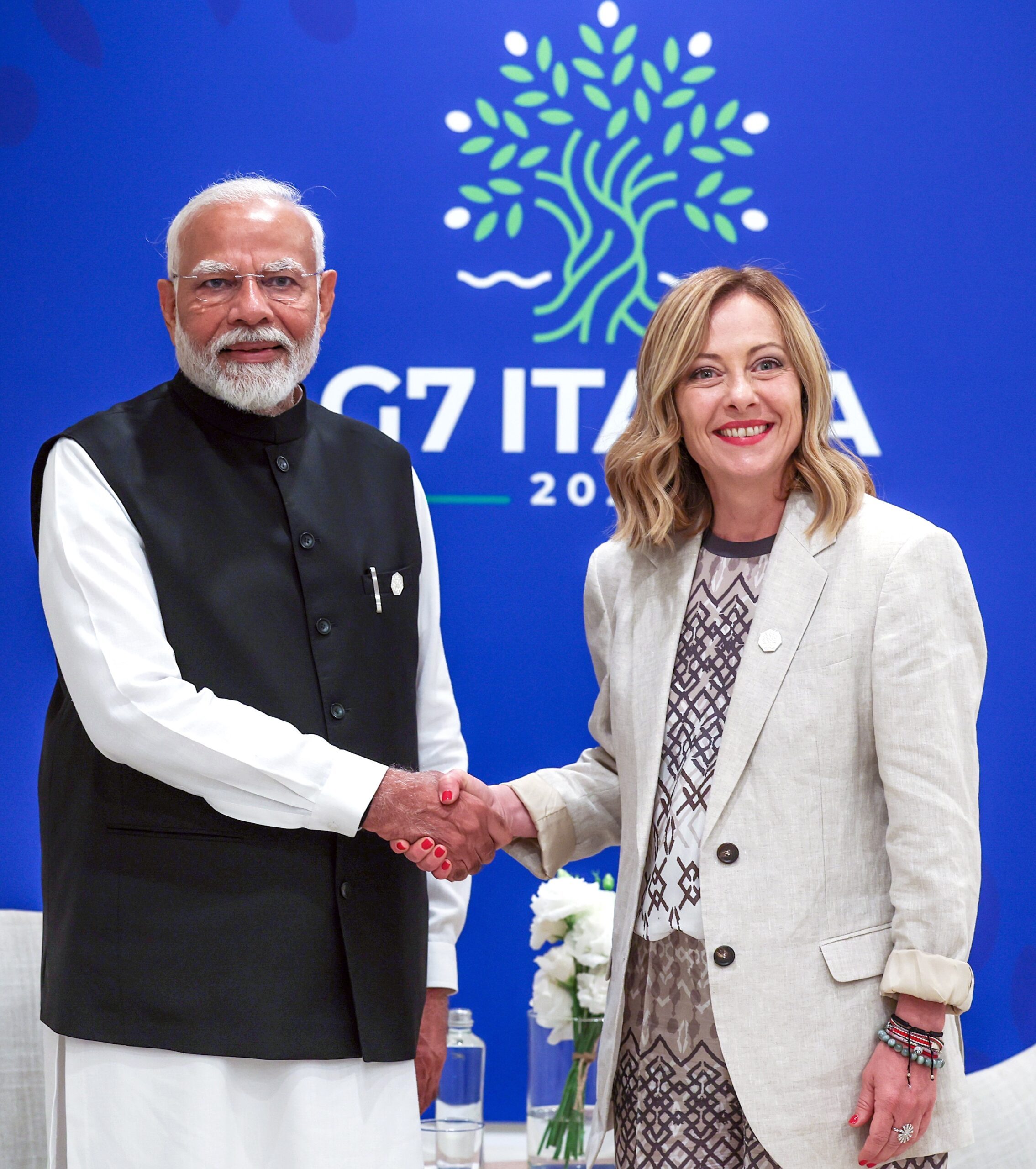 The prime ministers of India and Italy, Narendra Modi and Giorgia Meloni, at a G7 summit in 2024. Imec and I2U2 were discussed at both leaders' recent meetings with Trump