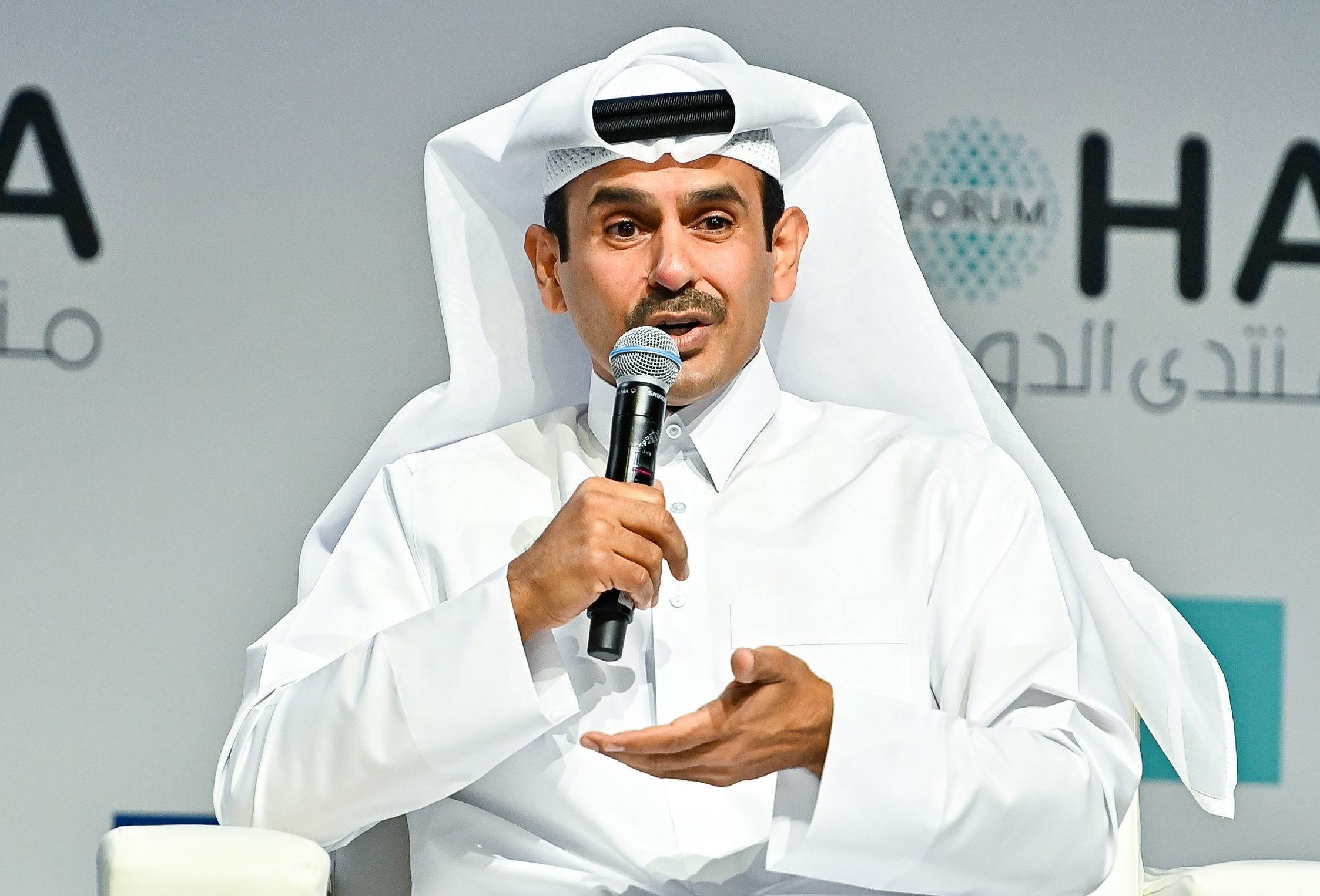 Qatar's Energy Minister and CEO of QatarEnergy, Saad Sherida al-Kaabi, speaks during the Doha Forum 2024 at Sheraton Grand Doha Resort & Convention Hotel ahead of the 22nd edition of the Doha Forum in Doha, Qatar, on December 7, 2024. (Photo by Noushad Thekkayil/NurPhoto)NO USE FRANCE