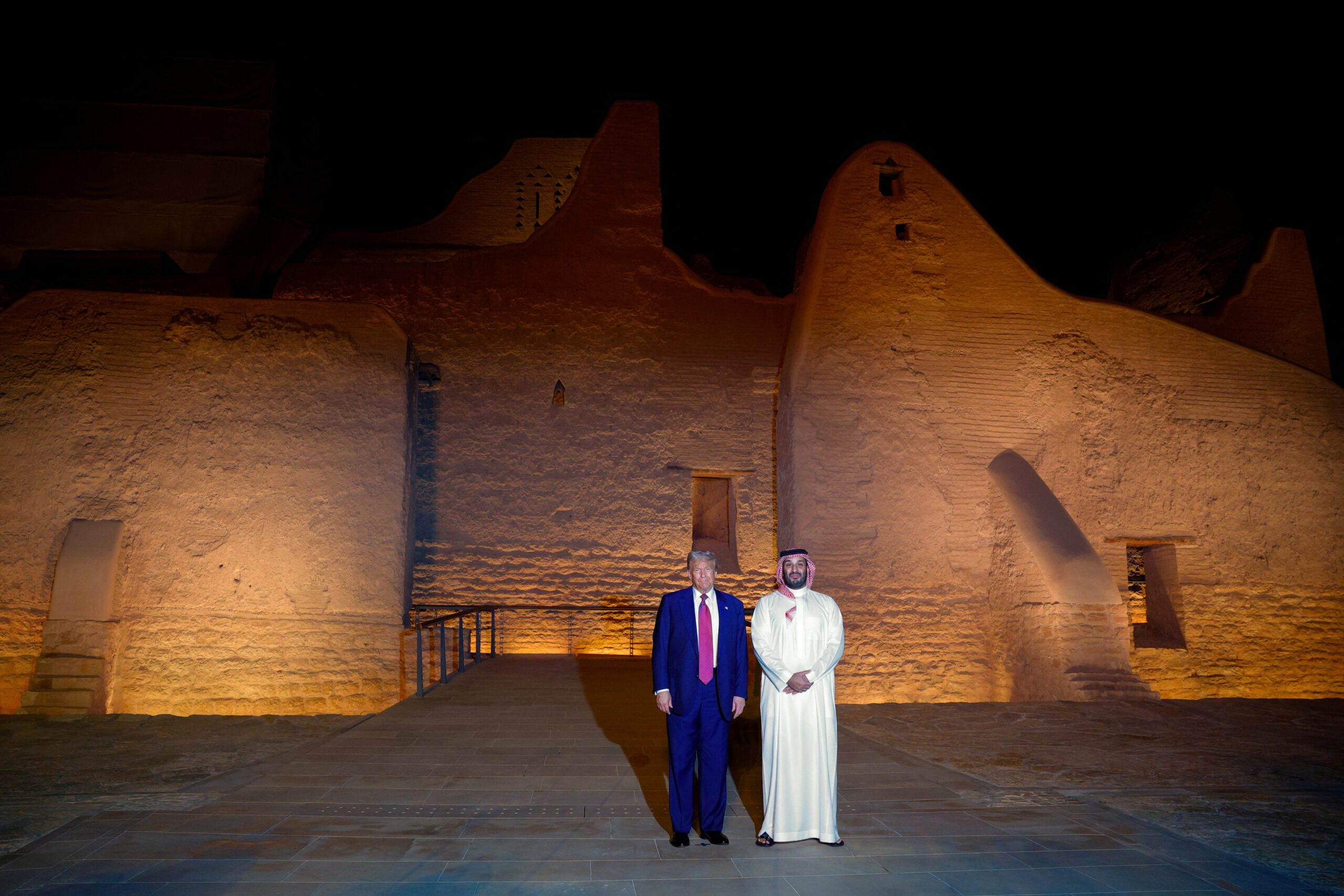 Trump and Mohammed Bin Salman pose during a visit to At-Turaif World Heritage Site in Diriyah