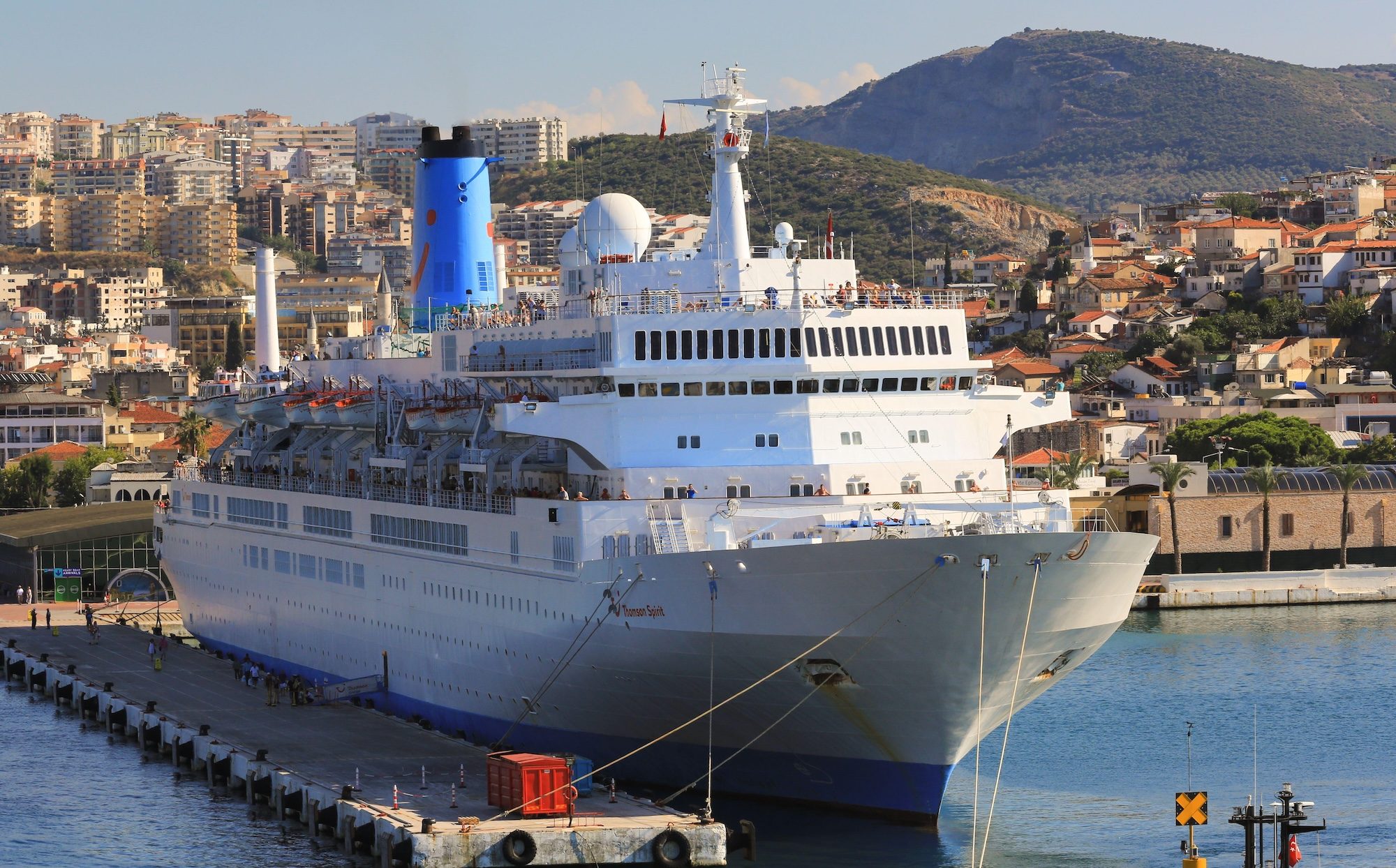 A cruise ship docked at the port city Kuşadası on the Aegean coast