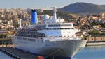 A cruise ship docked at the port city Kuşadası on the Aegean coast