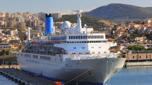 A cruise ship docked at the port city Kuşadası on the Aegean coast