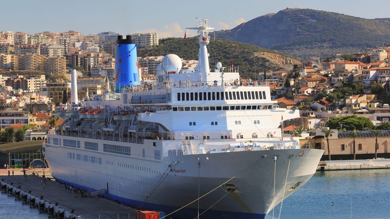 A cruise ship docked at the port city Kuşadası on the Aegean coast