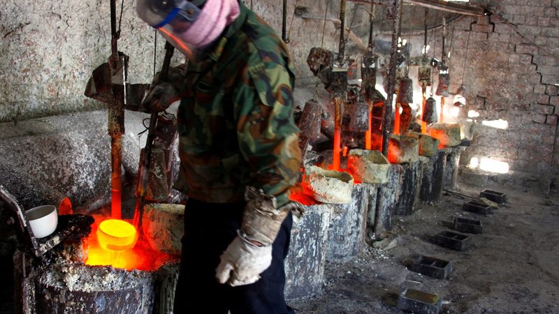 A worker at a smelting workshop pours the rare earth metal lanthanum into a mould. Turkey has deposits of lanthanum, cerium and neodymium