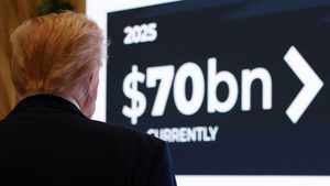 Donald Trump at a business forum in Abu Dhabi during his Gulf visit. Gulf states announced deals worth huge sums with the US