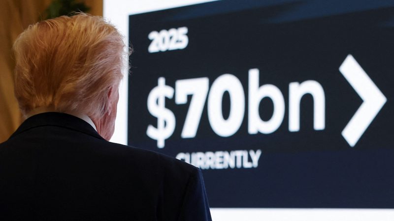 Donald Trump at a business forum in Abu Dhabi during his Gulf visit. Gulf states announced deals worth huge sums with the US