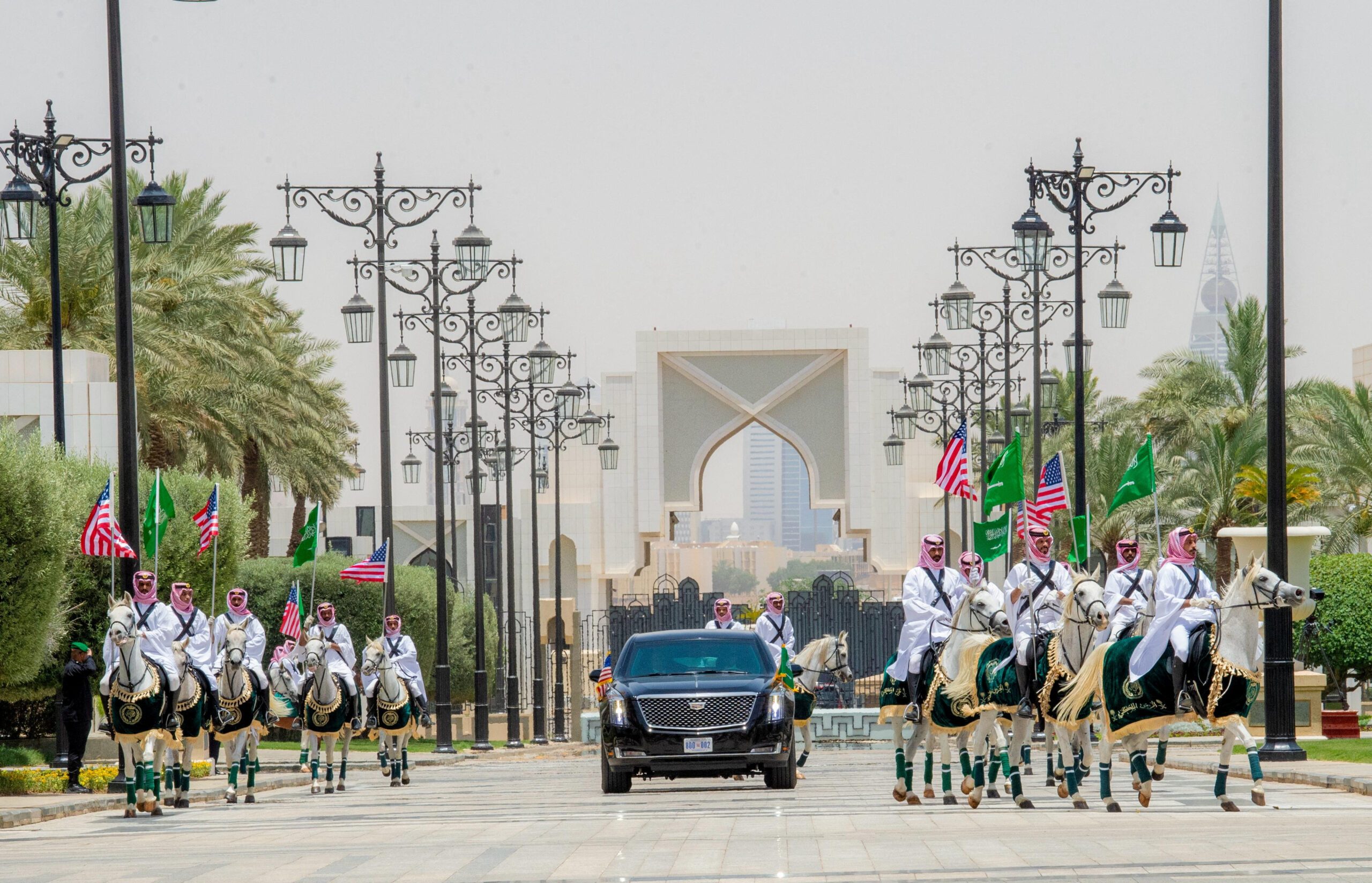 Trump's car was accompanied by an honour guard during a welcoming ceremony at the Royal Court in Riyadh