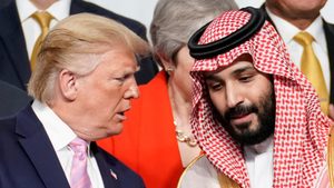 Donald Trump speaks with Saudi Arabia's Crown Prince Mohammed bin Salman at a G20 summit. Saudi Arabia will be Trump's first stop on his Gulf visit