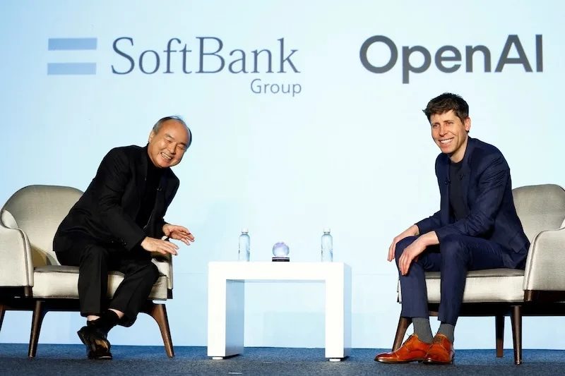 SoftBank CEO Masayoshi Son and OpenAI CEO Sam Altman at an event to pitch AI for businesses in Tokyo on February 3
