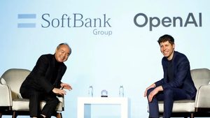 SoftBank CEO Masayoshi Son and OpenAI CEO Sam Altman at an event to pitch AI for businesses in Tokyo on February 3