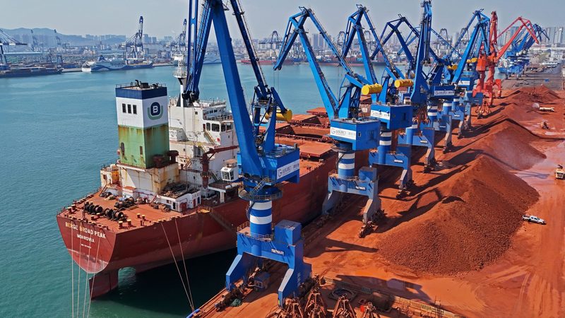Bauxite, the raw material for aluminium and from which gallium is produced, being unloaded at China's Yantai Port. China has banned gallium exports to the US