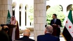 Saudi foreign minister Prince Faisal bin Farhan Al Saud attends a press conference with Syrian foreign minister Asaad Hassan Al-Shibani in Damascus on May 31, 2025