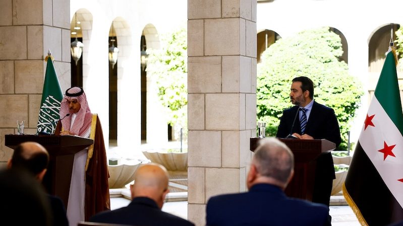 Saudi foreign minister Prince Faisal bin Farhan Al Saud attends a press conference with Syrian foreign minister Asaad Hassan Al-Shibani in Damascus on May 31, 2025