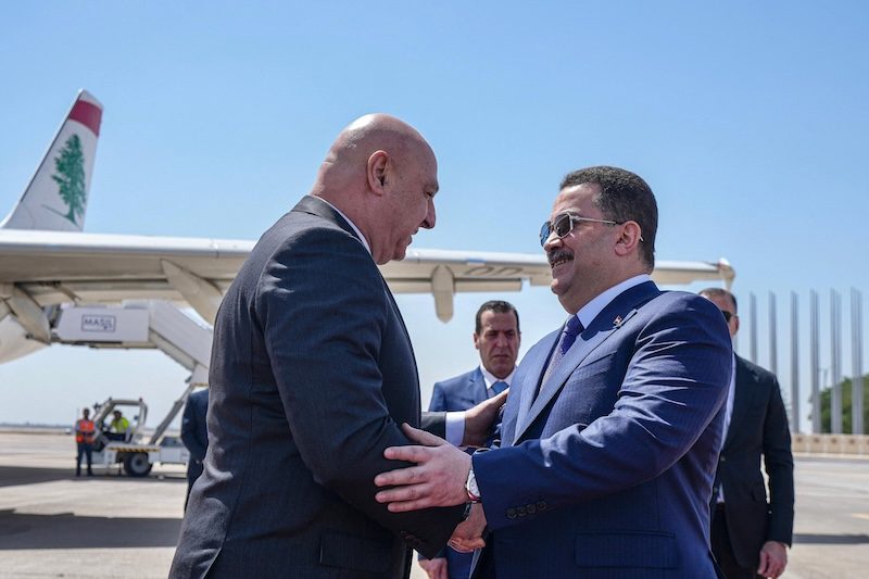 Iraqi prime minister Mohammed Shia Al-Sudani welcomes Lebanese president Joseph Aoun in Baghdad on June 1, 2025