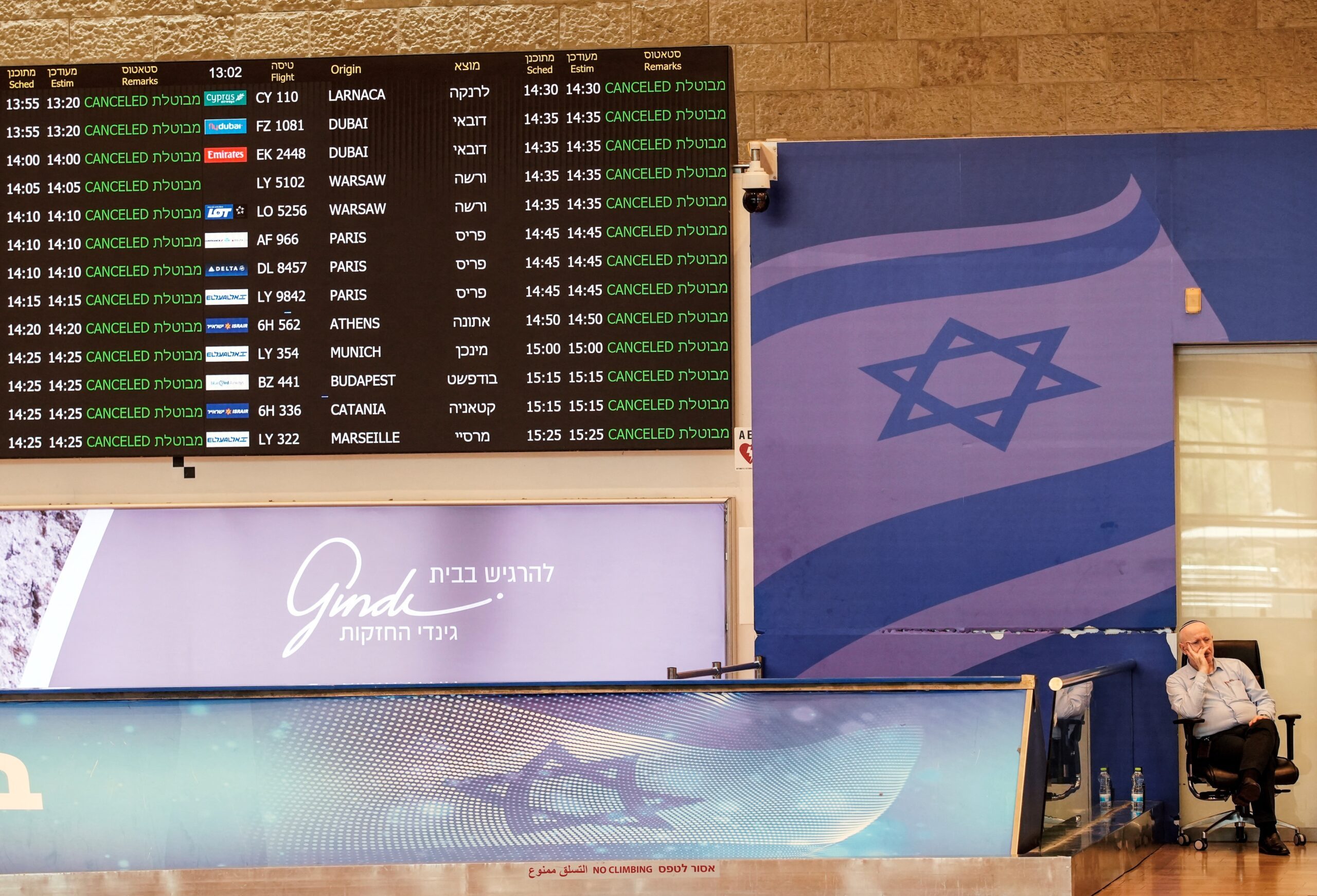 Cancelled flights shown at Israel's Ben Gurion International Airport. Carriers are facing major disruption across the region
