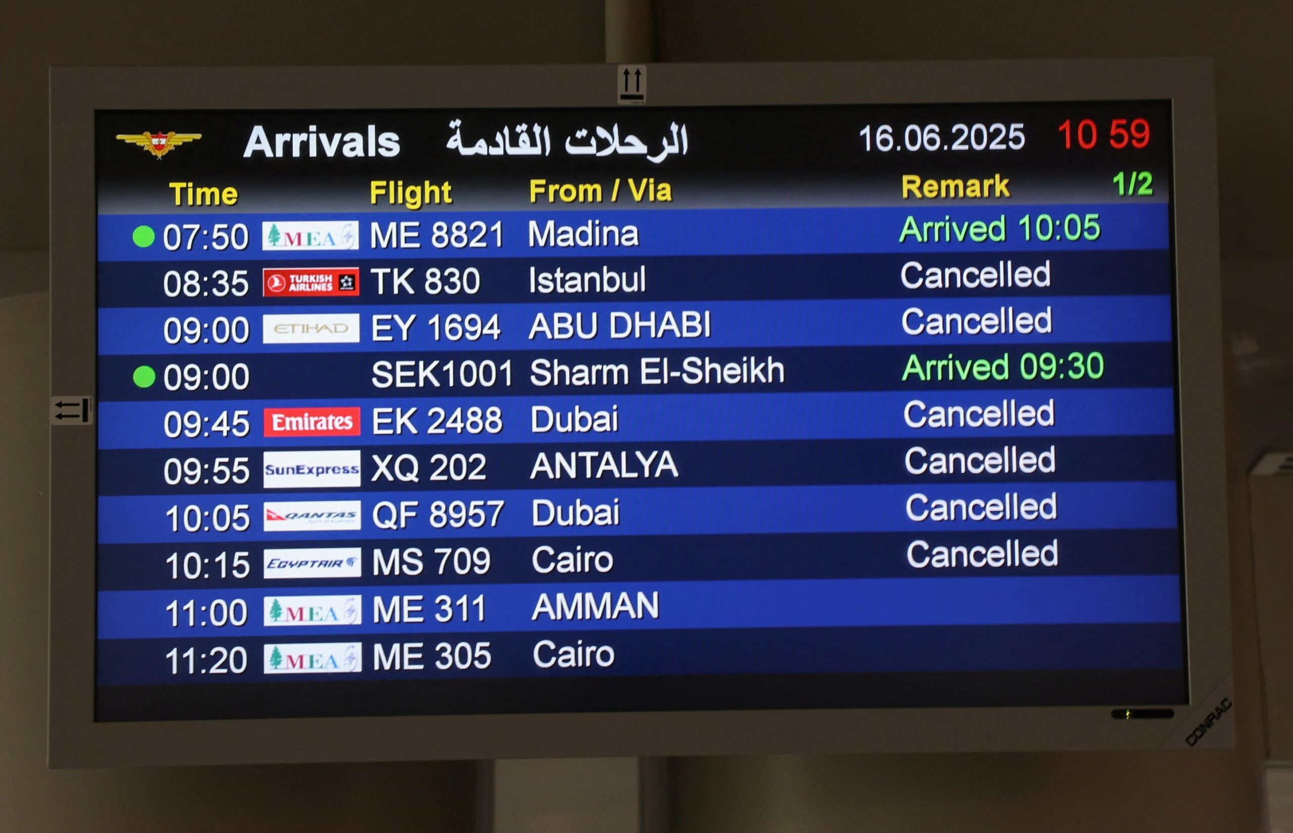 Gulf airlines conflict: A display screen at Lebanon's Beirut-Rafic Hariri airport showing cancelled flights