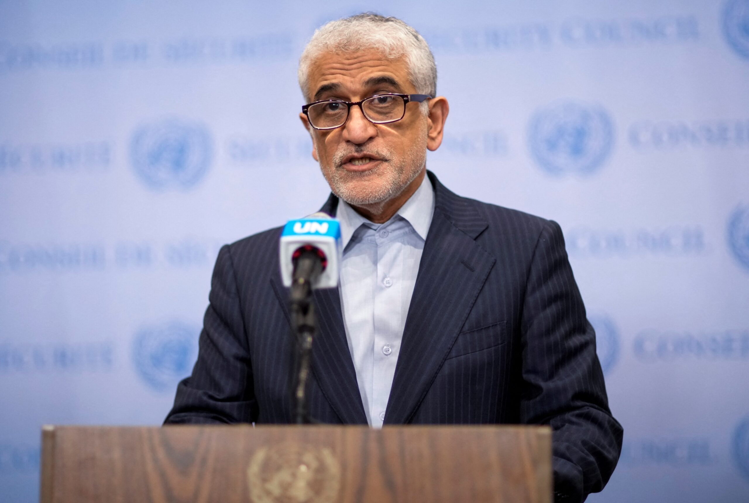 Iran's ambassador Amir Saeid Iravani speaks at the UN in New York. US president Donald Trump has urged Iranian citizens to evacuate Tehran