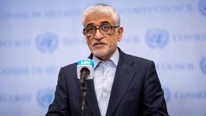 Iran's ambassador Amir Saeid Iravani speaks at the UN in New York. US president Donald Trump has urged Iranian citizens to evacuate Tehran