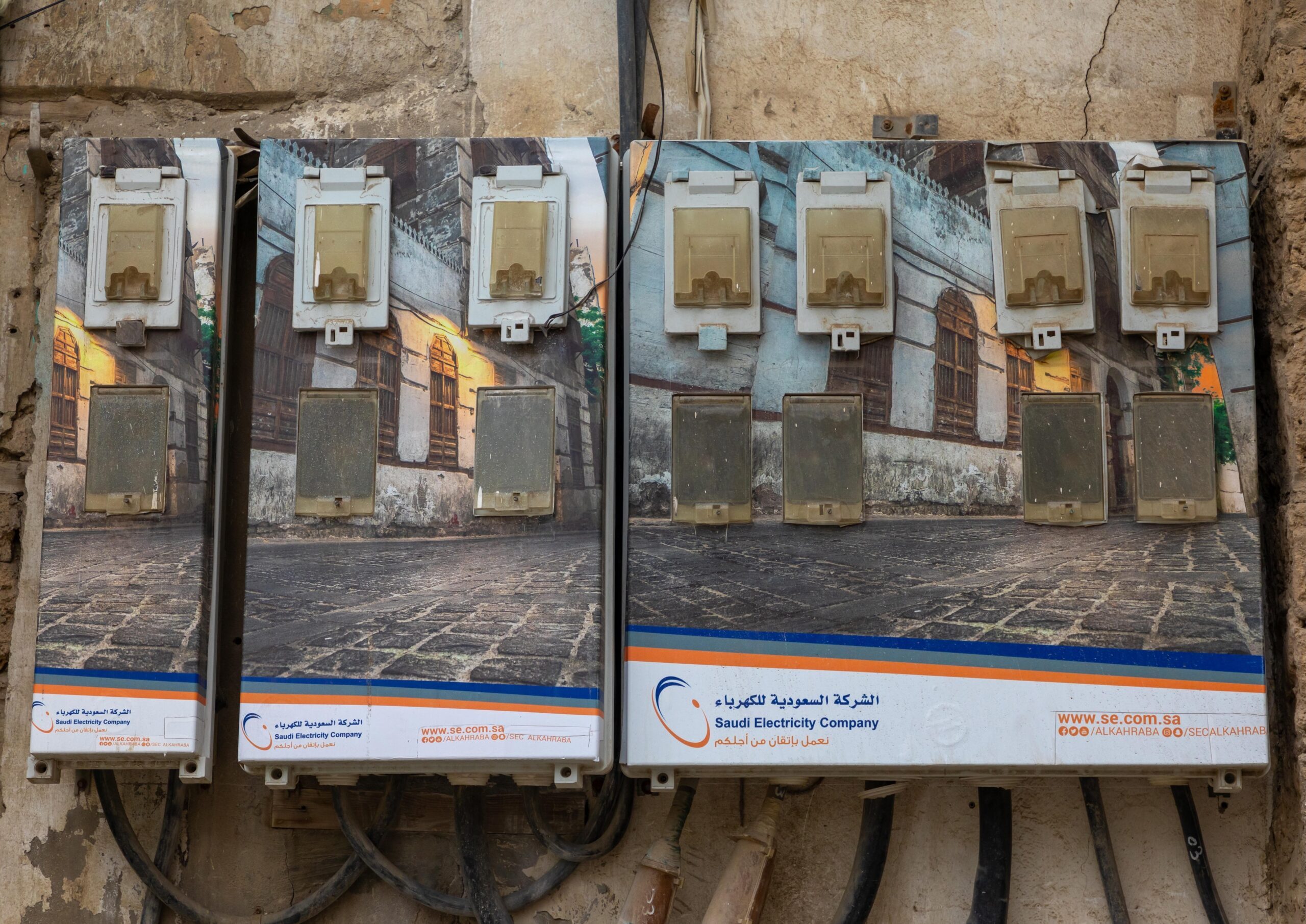 Fuse boxes in a street in Jeddah, Saudi Arabia. Saudi Electricity Co has been expanding facilities to meet the country's growing power demand