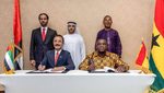 PCFC chairman Sultan Ahmed bin Sulayem and Samuel Nartey George, Ghana's minister for communication, digital technology and innovation, sign the economic zone agreement