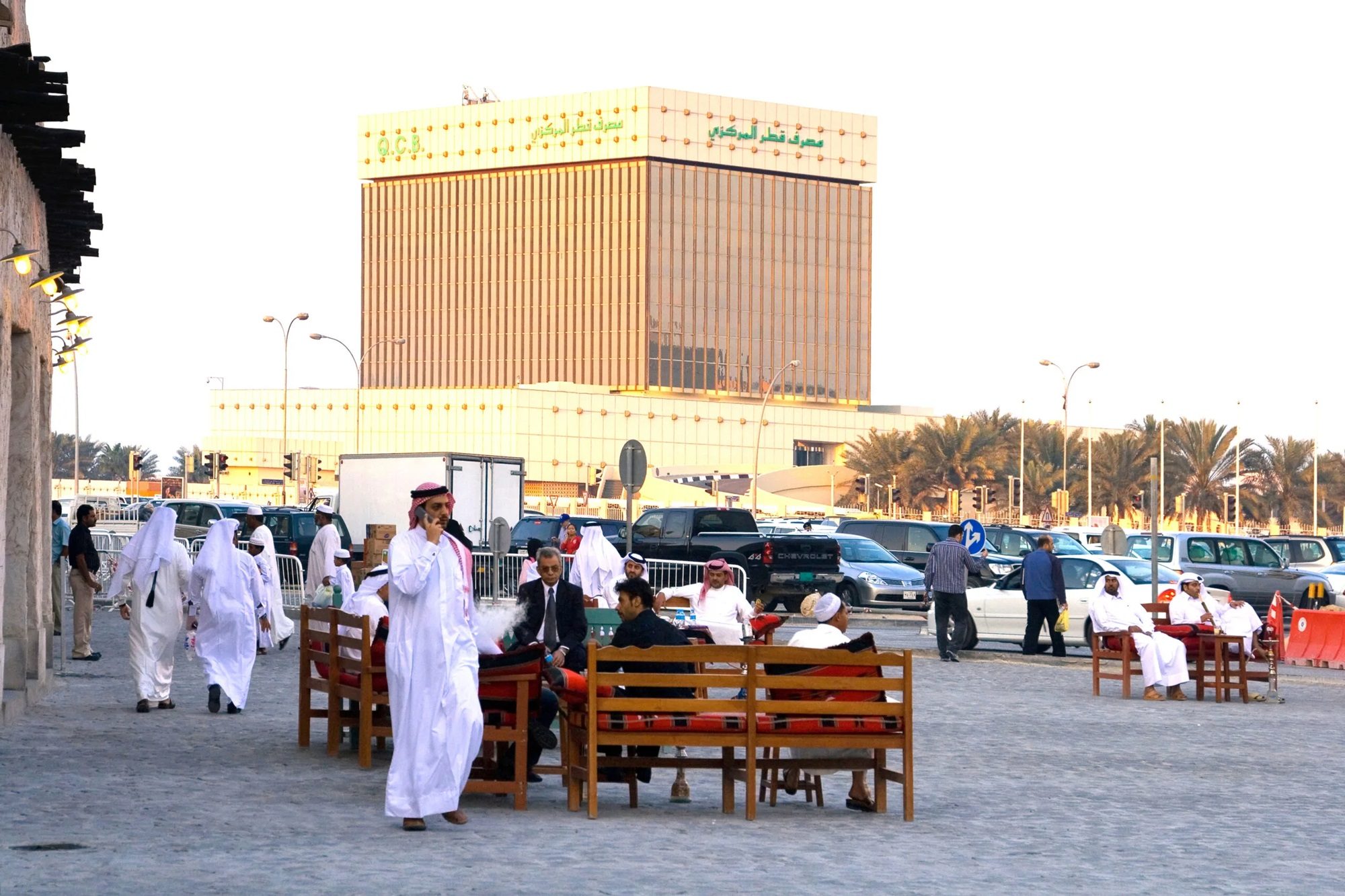 A marketplace next to Qatar Central Bank. Qatar's Q1 performance was 'markedly more subdued than Saudi Arabia and the UAE in terms of loan growth' according to an expert