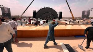 Migrant workers are seen at a construction site near Riyadh, Saudi Arabia on 03 March, 2024. (Photo by Jaap Arriens/NurPhoto)NO USE FRANCE