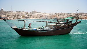 A dhow in the harbour on Masirah Island, where UREC Oman is building a resort